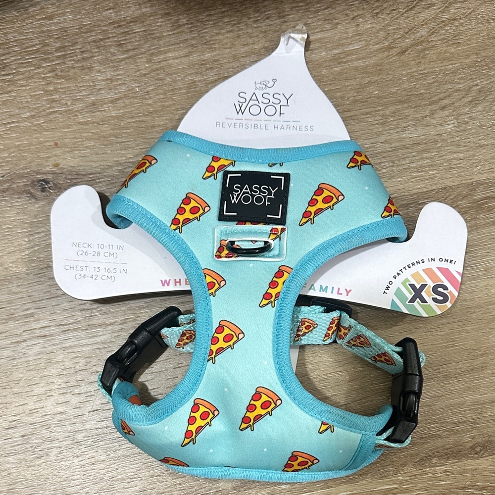 Sassy Woof Reversible Dog Harness - Pizza Print Teal (XS)